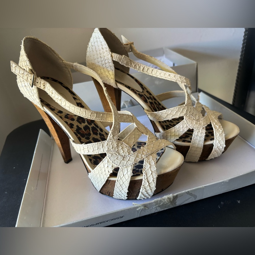 Jessica Simpson platform sandals. White snake print leather and wood heels